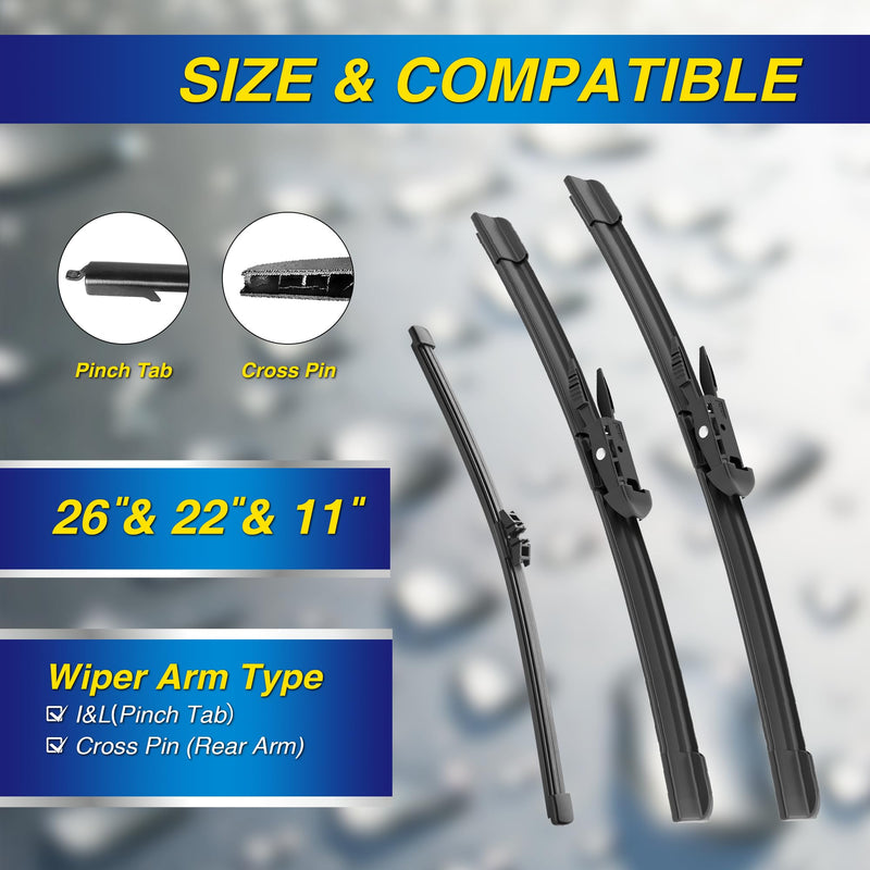 5 PLUS® Silicone Windshield Wipers Replacement for 2011-2024 Ford Explorer Wiper Blades(Set of 3),Automotive Replacement Windshield Wiper Blades For My Car-26"/22"/11" 16+(Ford Explorer 2011-2024)