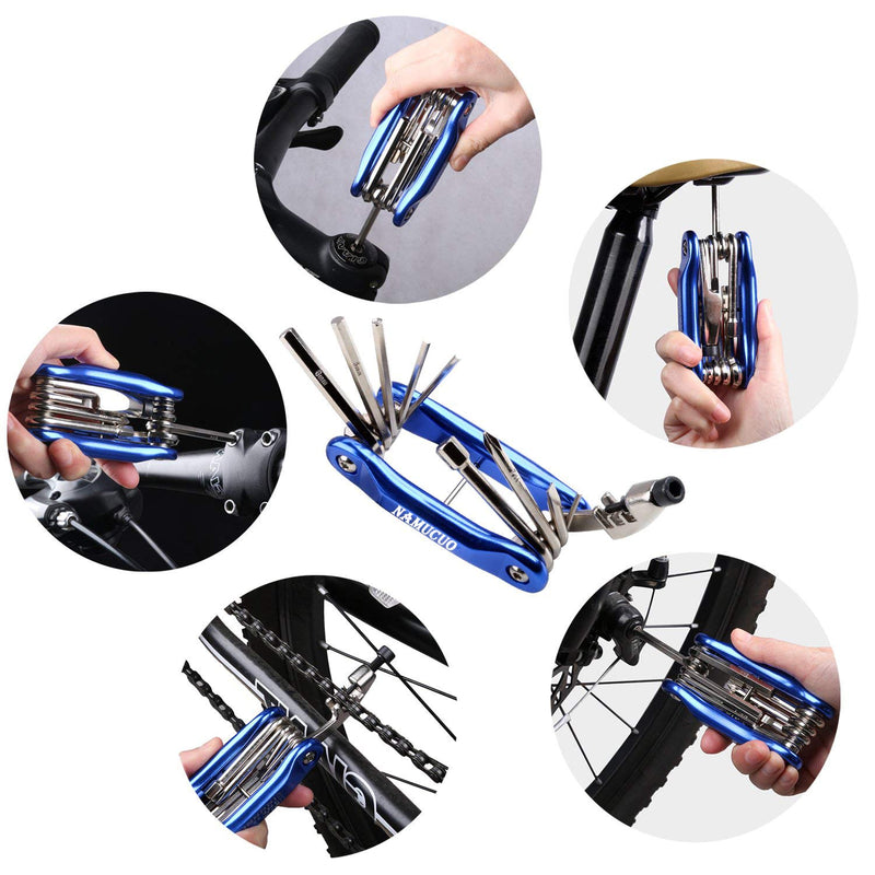 YBEKI 10-in-1 Bike Repair Kit with, 3-in-1 Tire Levers, Glueless Patches, Multifunctional Bone Wrench & Waterproof Saddle Bag | Compact Bicycle Multi-Tool Kit for Emergency Roadside Repairs Blue Tool Kits 10 in 1 + Bag