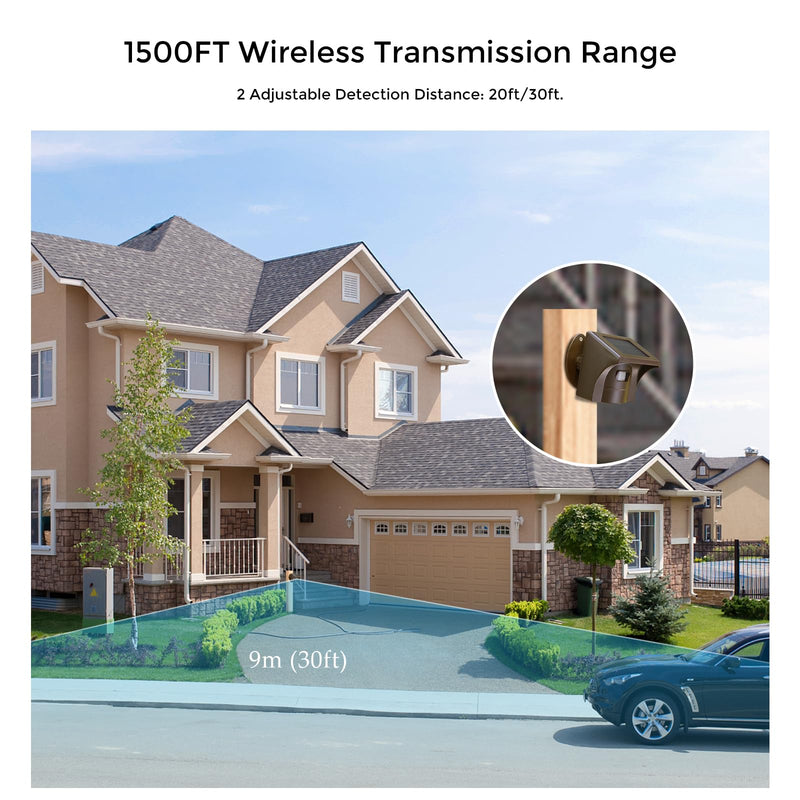 eMACROS Long Range Solar Wireless Driveway Alarm Outdoor Weather Resistant Motion Sensor & Detector-Security Alert System-Monitor & Protect Outside Property 1 receiver and 2 sensors
