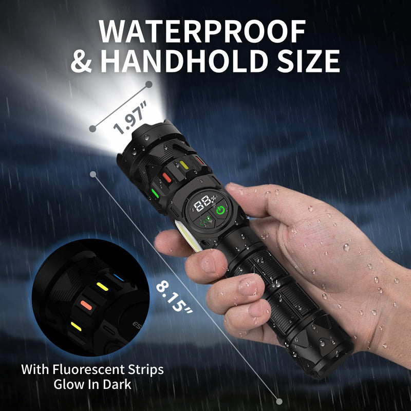 Esgofo Rechargeable Flashlights High Lumens 100000 Long Lasting LCD Display, Super Bright 50W LED, Quick USB C Charge & Output, Double Source & Buttons with Red Light, for Home Camping Hiking 50.0 Watt Hours