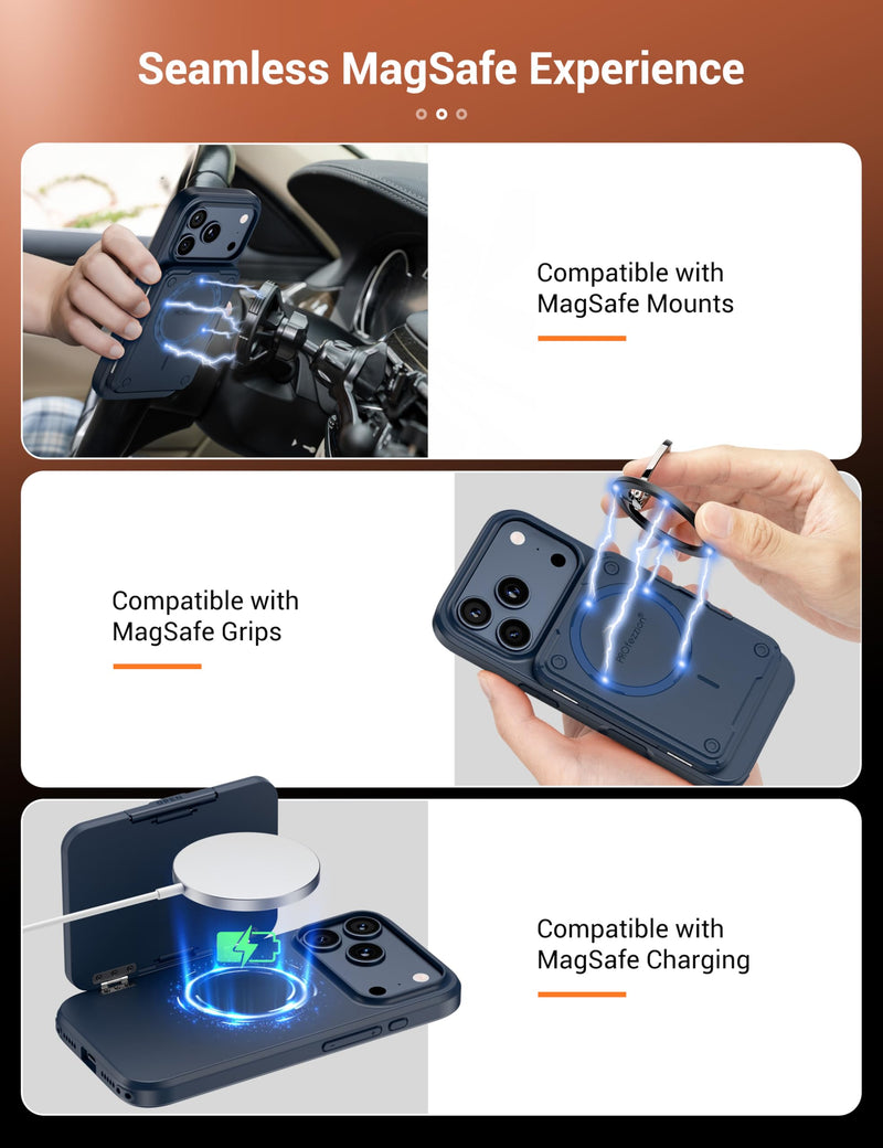 PROfezzion for iPhone 17 Pro Case Wallet 3-Card Holder with MagSafe, Blue | Accepts Wireless Charging, RFID Blocking, Secure Locking Latch, Kickstand, Fits MagSafe Mount Stand Grip, Drop Protection