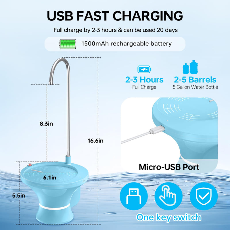 Drinking Water Dispenser for 2-5 Gallon Bottle, Automatic Water Jug Pump Dispenser, Electric Water Bottle Pump with USB Rechargeable and 2 Switch Control for Home, Office, Camping
