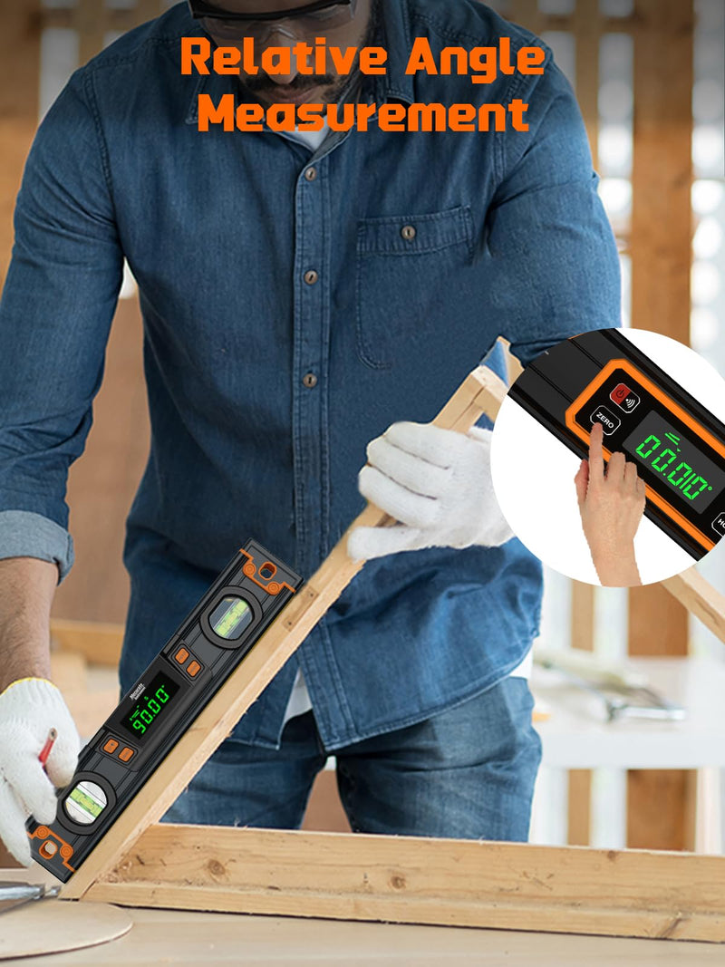 Mecurate 10-Inch Digital Level, Portable Electronic Angle Finder with Backlit Display, ±0.1° Accuracy, Magnetic Base, 4 Measurement Units, Compact Torpedo Smart Level Tool for DIY & Professional Use Orange