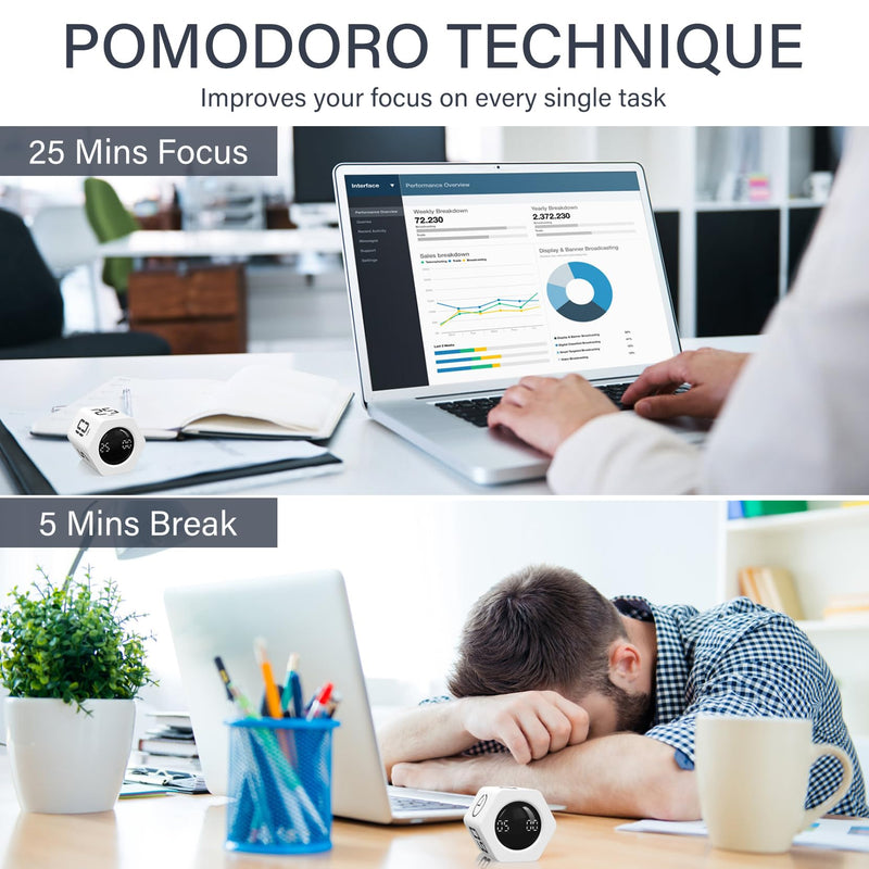 Rotating Pomodoro Timer 5, 25, 10 30,60 Mins Preset Stopwatch, Desk Flip ProductivityTimer, ADHD Tool Hexagon, Vibration/Mute/Alarm, for Work, Study, Back to School, Kitchen, White 1