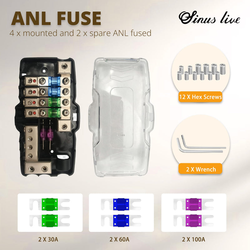 Sinus Live Fused Power Distribution Block Car Audio 4 Way Mini-ANL Fuse Block 12V 0/4 Gauge with Ground for Automotive Car Marine Boat Solar Panel