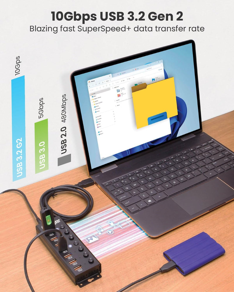 7-Port USB 3.2 Gen 2 Hub - 10Gbps, Individual Power Switches, and Mountable Design for Workspaces & Labs 7 Port Hub w/Power Switches