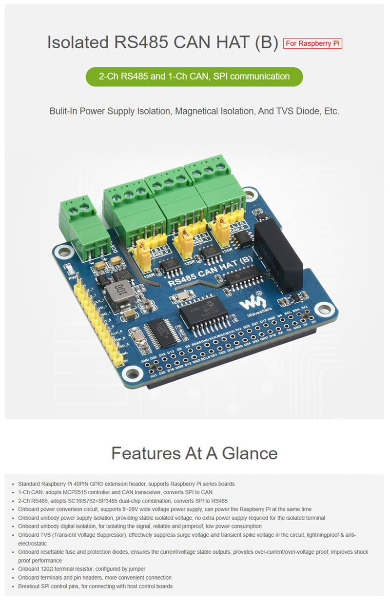 for Raspberry Pi RS485 CAN HAT (B) Isolated 2-Ch RS485 1-Ch CAN SPI Communication On-Board SC16IS752 and SP3485 Chips with MCP2515 Controller CAN Transceiver Multiple Protections