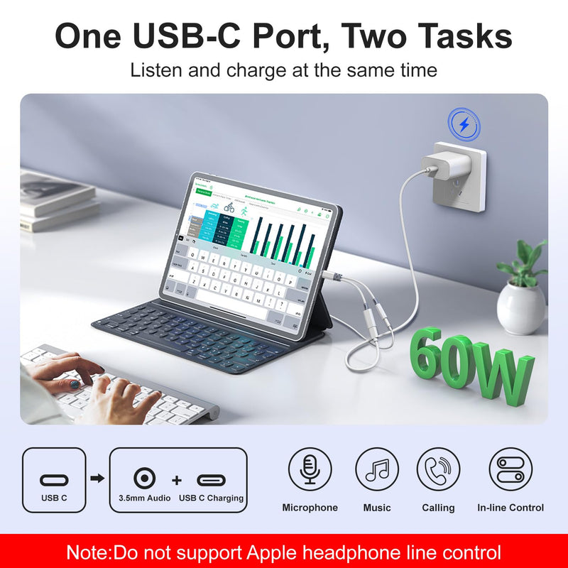 2 in 1 USB C to 3.5mm Audio Adapter with 60W PD Charging for iPhone,Galaxy | Hi-Res 32bit/384kHz DAC Type C to Aux Adapter, USB C to Headphone Jack Dongle Cable for iPhone 17/16,Galaxy S26/S25/S24,Pixel