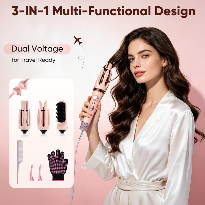 3-in-1 Negative Ions Automatic Curling Wand, Rotating Hair Curler with Straightener Brush, Ceramic Coating Anti-Scald Auto Shut-Off, Four Temperature for Hair Styling, 28mm & 32mm Barrels, 150°C-210°C