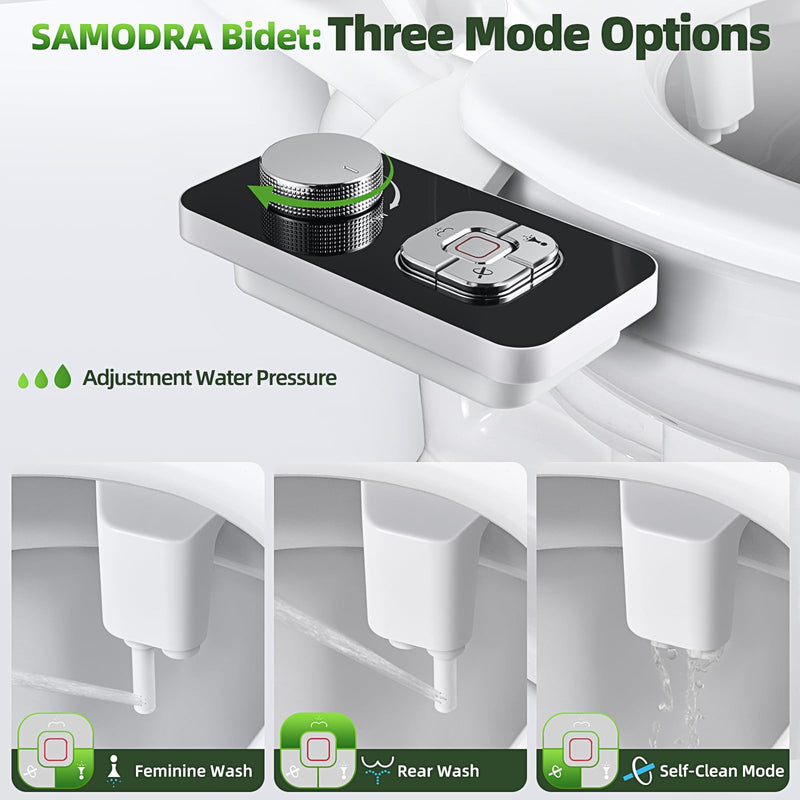 SAMODRA Bidet Attachment, Non-Electric Cold Water Bidet Toilet Seat Attachment with Pressure Controls, Retractable Self-Cleaning Dual Nozzles for Frontal & Rear Wash - Black