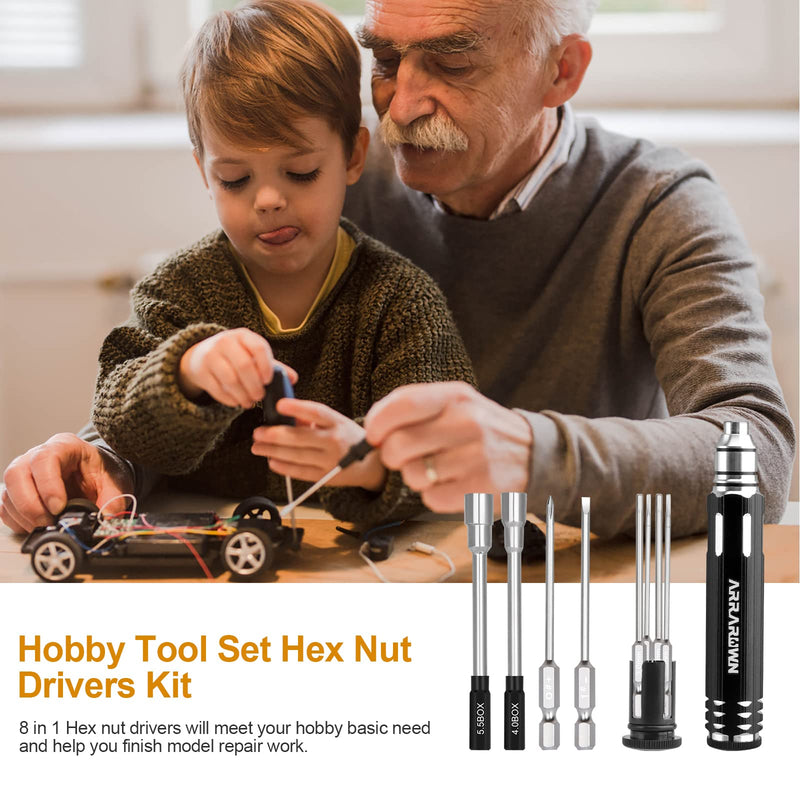 10 in 1 RC Model Repair Tools Kit with 1.5/2.0/2.5/3.0/4.0/5.5mm Hex Screwdrivers Wrench Phillips & Slotted Screwdriver, Metal Tray for RC Cars Helicopter Drone Boat Black With Red Tray