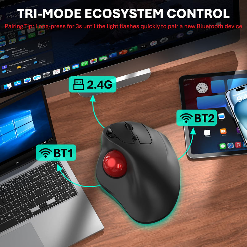 EDJO Wireless Trackball Mouse, Ergonomic Mouse with 30° Tilt, 5 DPI, Red | Thumb control, 3-device Bluetooth/2.4G, up to 160h battery, Type-C rechargeable, stays in place, removable ball, easy cleanup
