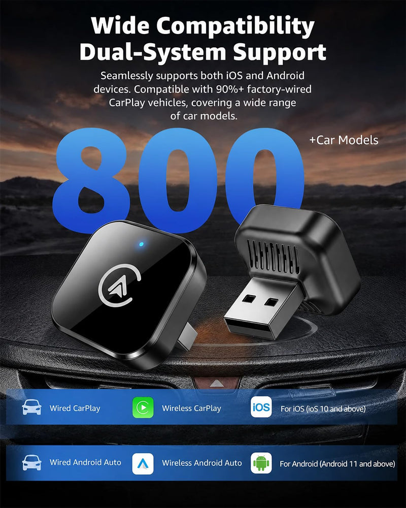 Wireless CarPlay Adapter & Android Auto Adapter, 2-in-1 Mini Dongle, Wired to Wireless, Plug & Play, Fast Auto Reconnect, Stable Low-Latency Connection, for iPhone & Android, Cars 2016+, Black