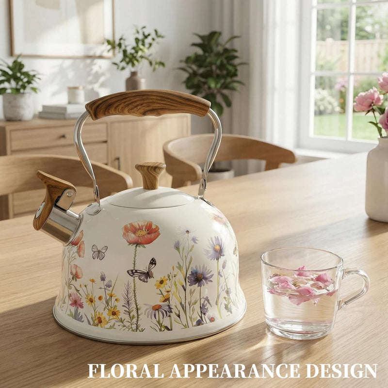 Tea Kettle for Stove Top, 2.7 Quart Whistling Kettle with Floral Pattern for Boiling Water Coffee or Milk, Stainless Steel Tea Pots with Wood Pattern Folding Handle, Work for All Stovetops White and Purple