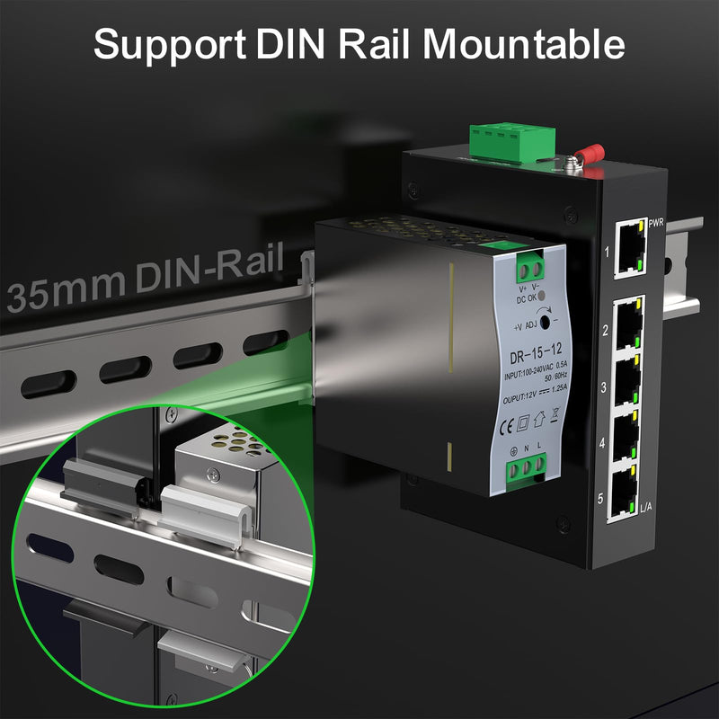 5 Port 100Mb Unmanaged Industrial Switch with DIN Rail 15W Power Supply,10/100Mbps Fast Ethernet,IP40,4KV Lightning Protection,Operating Temperature Range -40° – 80°C DIN Rail Network Switch 5 Port 100M