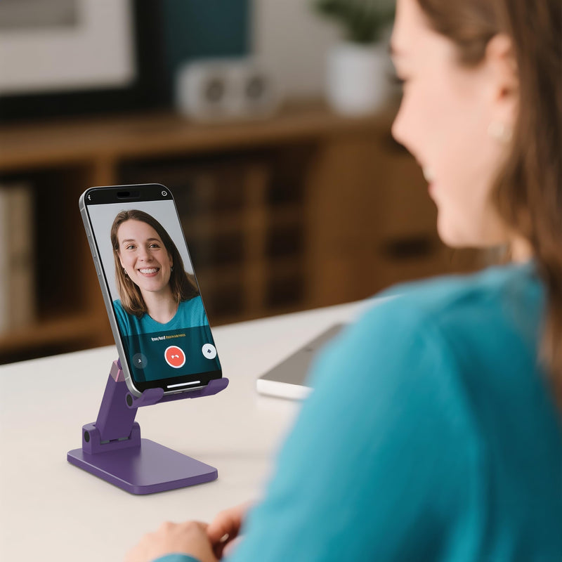Cell Phone Stand for Desk, Adjustable Height & Angle Phone Holder, Foldable Portable Stand with Anti-Slip Silicone Pad, Compatible with iPhone and All Smartphones 4–8 Inch, Purple