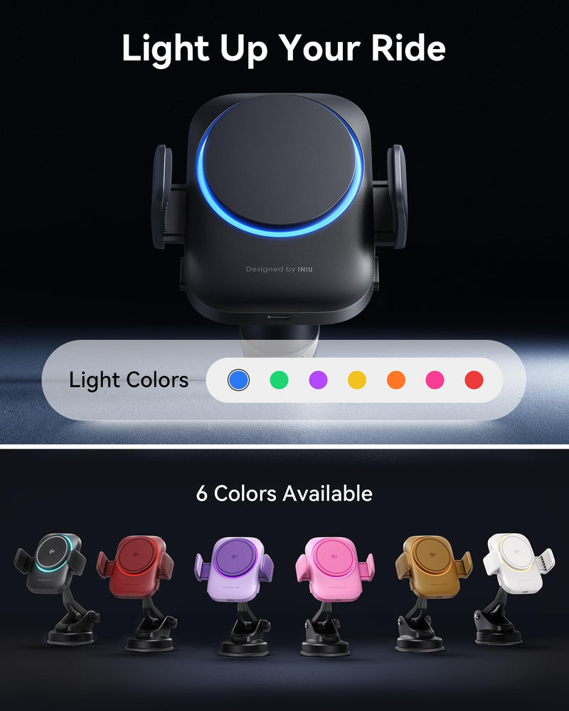 INIU Qi2 Certified 15W Car Phone Holder Wireless Charger, Ultra-Stable 22N for MagSafe Car Mount Charger with Cooling Fins & RGB Lighting Only for iPhone 16/15/14/13/12 Series, Pink