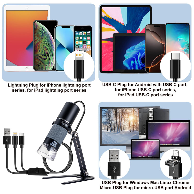 Jiusion 1080P USB Digital Handheld Microscope, 50 to 1000x Magnification Endoscope Full HD 1920x1080P Camera 8 LEDs with Metal Stand for iPhone iPad Android Mac Windows Linux Chrome Black/Grey