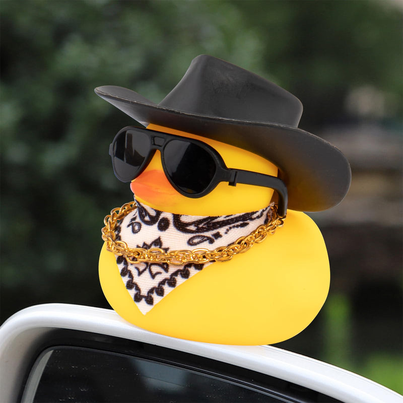 wonuu Car Rubber Duck, Yellow Duck Decoration Dashboard with Sun Hat Necklace Sunglasses for Car Dashboard Decorations, C-Duck-Black Cowboy Hat-Scarf