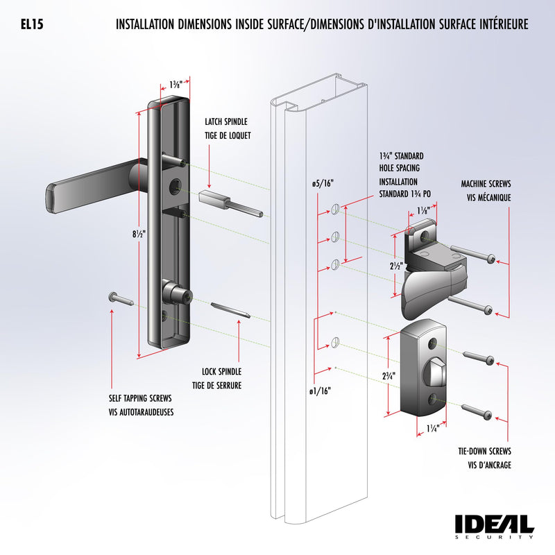 Ideal Security EL Keyed Lever Mount Latch with Deadbolt, Surface Mount Storm Door Handle Replacement, 2 Posts with Tie Down Screw, Matte Black