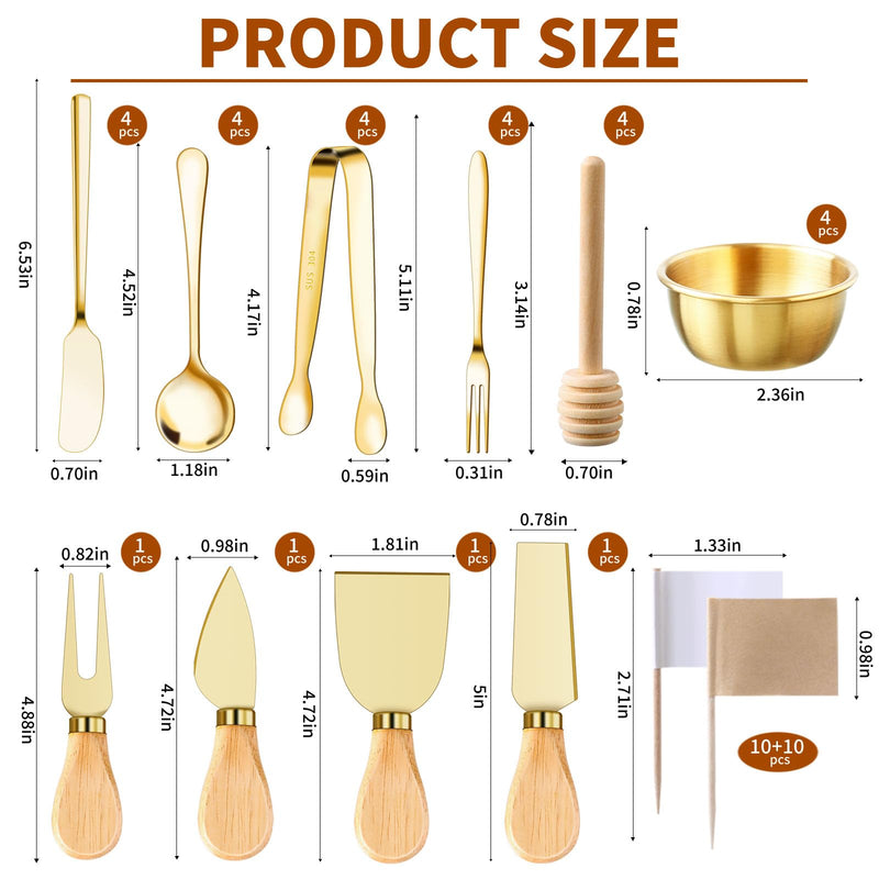 48 Pcs Charcuterie Boards Accessories Butter Spreader Knives Set Stainless Steel Cheese Mini Serving Tongs Spoons Forks Dipping Bowls Toothpick Flags Utensils for Pastry Making Wedding Christmas(Gold) 48Pcs Gold