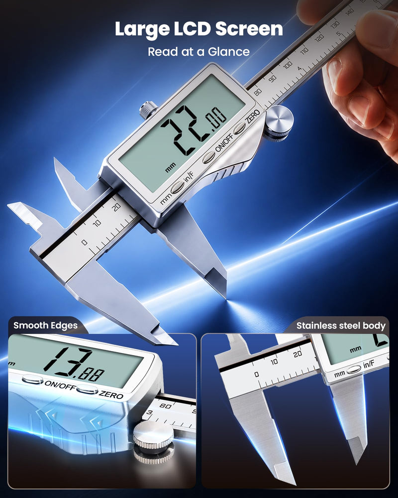 HARDELL Digital Caliper 6"/150mm, Rechargeable Stainless Steel Micrometer, Large LCD. in/MM/Fraction, Auto-Off, Electronic Measuring Tool for Machinist Woodworking 3D Printing DIY Household 6 Inch