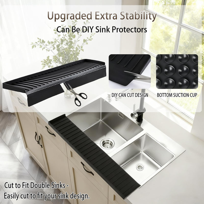 Silicone Sink Edge Protector with Suction Cup 4" x 24",Kitchen Sink Splash Guard for Kitchen, Bathroom Sink, Steel, Granite, Quartz Countertops,Multifuctional Sink Accessories (Black) Black 4in*24in