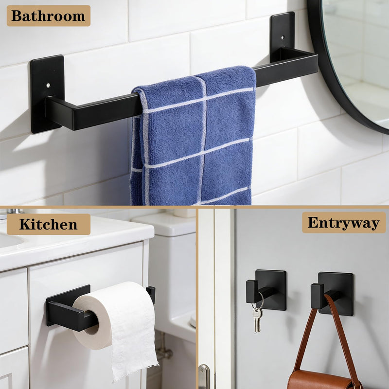 5 Pieces Self Adhesive Bathroom Hardware Set-SUS304 Stainless Steel-Towel Rack Set Include 16″Towel Bar+Toilet Paper Holder+3 Towel/Robe Hooks Bathroom Accessory (Matte Black, 16 in) Matte Black