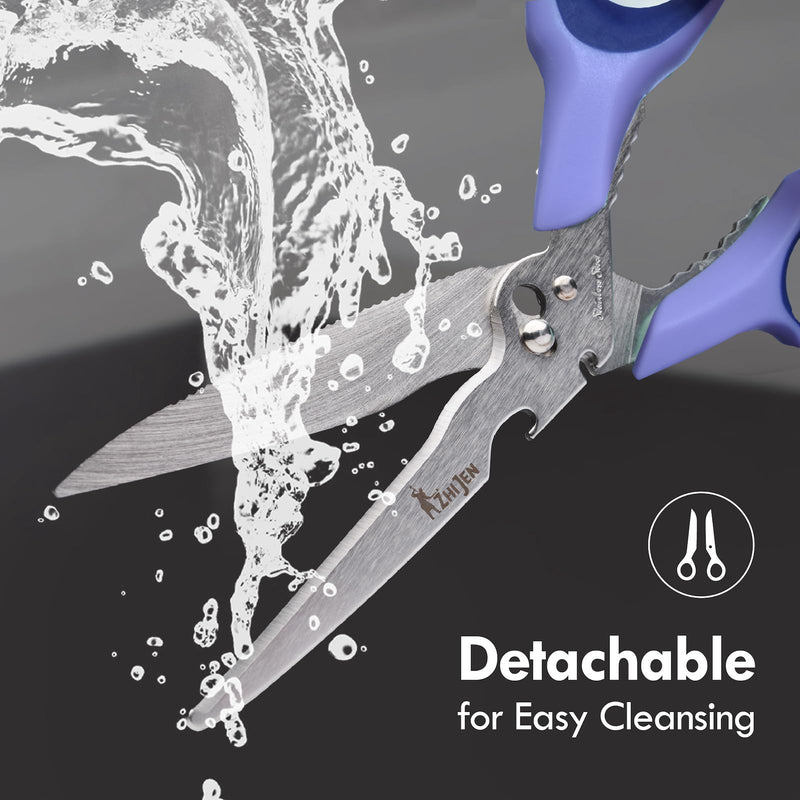 All Purpose Kitchen Scissors for Food and Heavy-Duty, Stainless Steel Cooking Shears for Chicken, Poultry, Meat, Herbs, Fish, Bones, Multi-Purpose Cooking Accessories with Cap and Sharpener Blue-purple