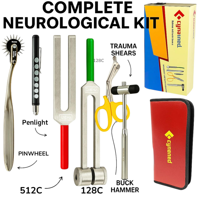 Cynamed Set of 6 pcs Reflex Percussion Buck Hammer + Penlight +Tuning Fork C 128 C 512 + Bandage Scissors 7.25" + Wartenberg Pinwheel (Set of 6)