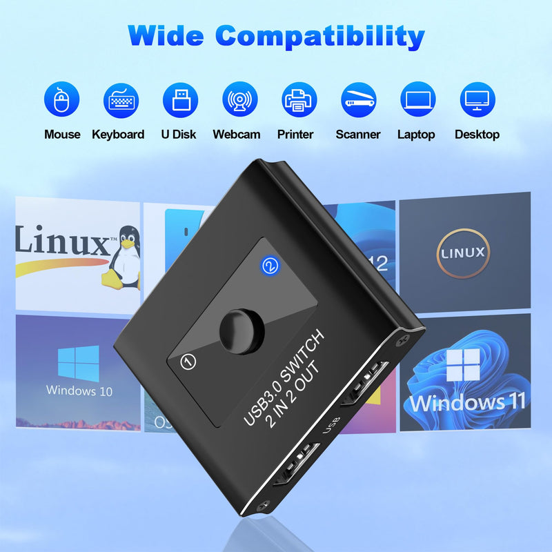 USB Switch, USB 3.0 Switcher 2 in 2 Out, USB KVM & USB 3.0 Switch Selector, USB Switcher 2 Computers Sharing 2 USB for Printer, Keyboard, Scanner, Mouse, Compatible with Mac/Win/Linux