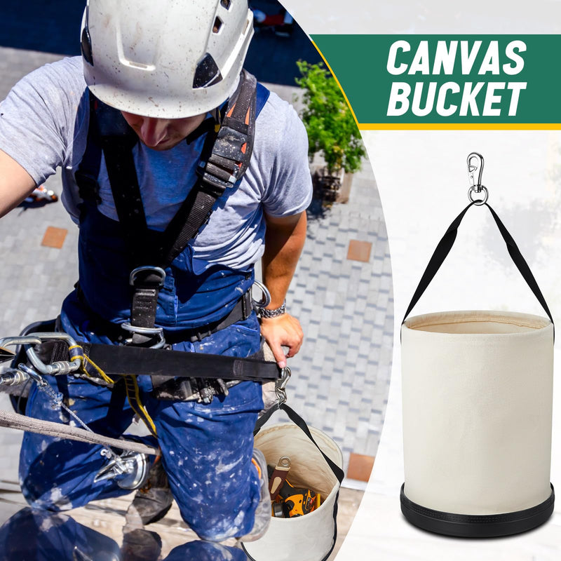 1 Pack Canvas Bucket 15" x 12" Heavy Duty Lineman Tool Bag with Plastic Bottom & Metal Hook Electrician Tool Organizer for Jobsite Use, Load Rated up to 150 Pounds (White) 1 White