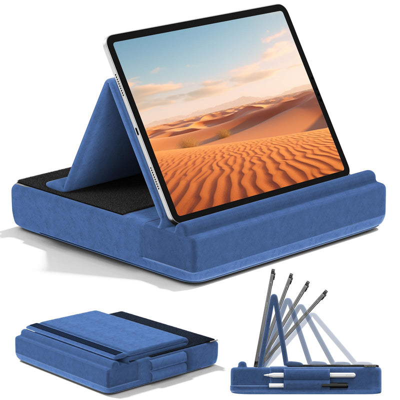 KDD Tablet Pillow Stand, Multi-Angle Viewing I-pad Holder for Lap, Bed and Desk, Foldable Soft Pad Dock with Stylus Mount Compatible with I-pad Pro 12.9, 10.5, 11, Air, Mini, Phones, Books, E-Reader Blue