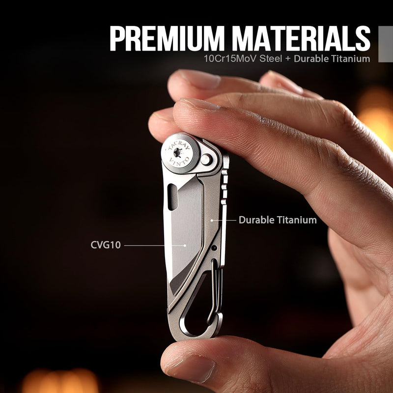 TACRAY Vinto 5-in-1 Titanium Small Pocket Knife – Ultra-Light Mini EDC Multitool Utility Knife with Folding Blade, Seatbelt Cutter, Bottle Opener & Screwdriver, Compact Everyday Carry Grey-Ti