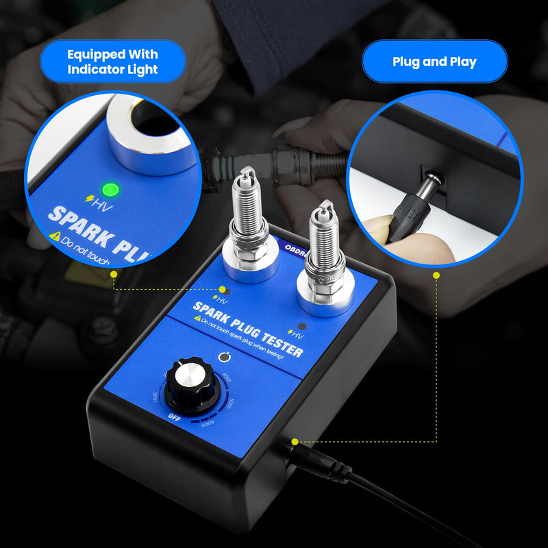 Spark Plug Tester, Dual Holes Automotive Engine Ignition Coil Tester 0 to 6000RPM Adjustable Working Frequency Car Motorcycle Spark Tester Tool for 12V Gasoline Vehicles Spark Plug Socket CC0163-DE2
