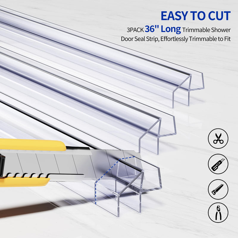 Delamu 3Pack 3/8"(10mm) x 36" Shower Door Bottom Seal, Clear Shower Door Sweep Strip, Frameless Glass Shower Door Seal Strip for 3/8'' Thick Doors 36in Long For 3/8in (10mm)