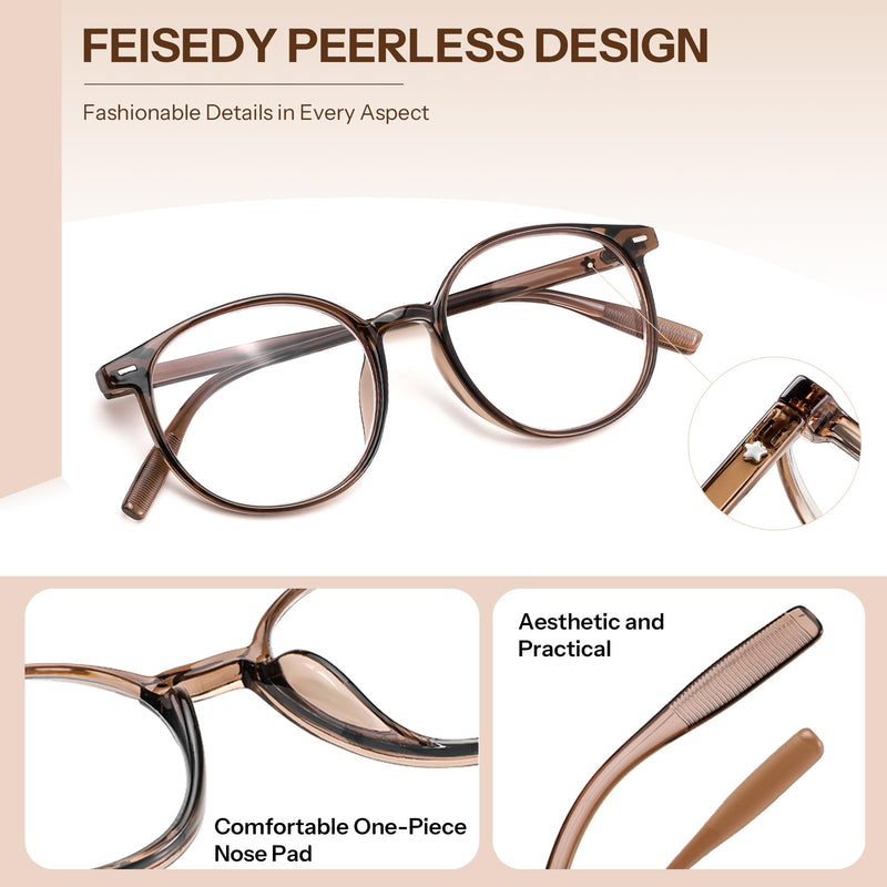 FEISEDY Photochromic Blue Light Blocking Glasses Fashion Women Men B1238 | Clear Indoors & Tinted Outdoors, Dual-purpose Transition Glasses Round Clear Vision Computer Eyeglasses UV400 Sunglasses Transparent Brown/Photochromic Grey 51 Millimeters