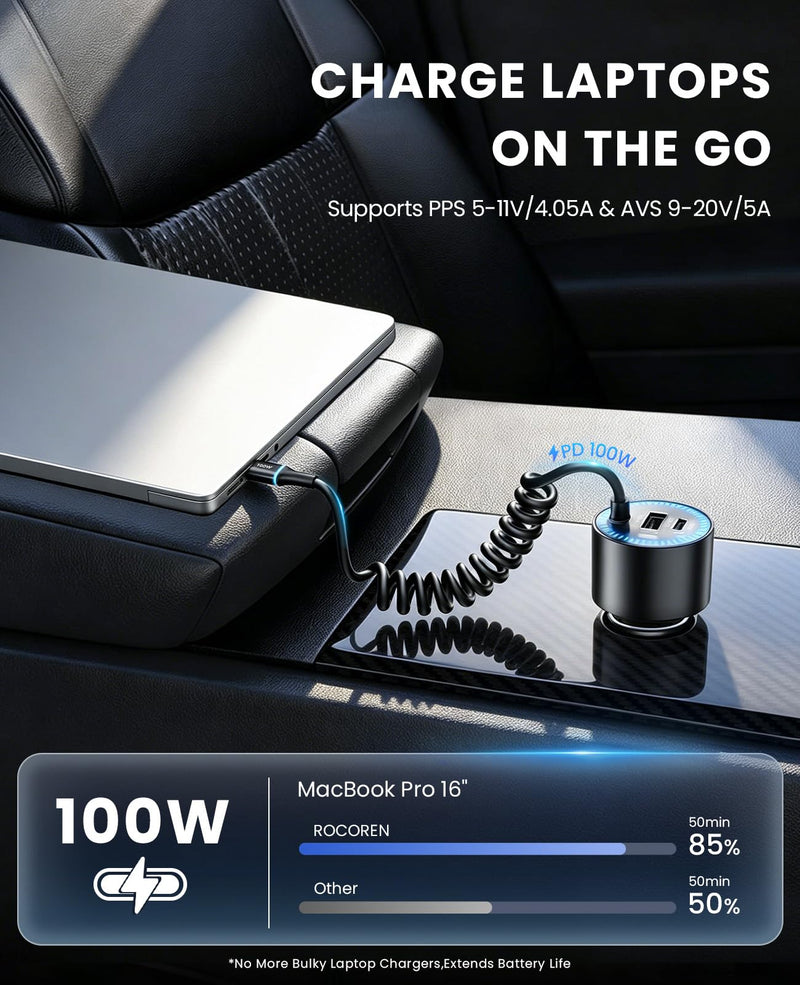 Rocoren 200W USB‑C Fast Car Charger, 5.2Ft Coiled Cable for Laptops & Phone | Super Fast Charging Travel Essentials for iPhone 17/16/15 Pro Max, MacBook Pro Air, Samsung S26/S25, iPad Pro