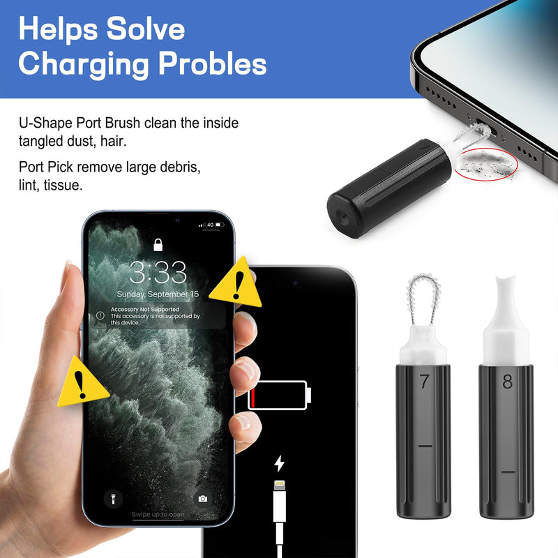 iPhone Cleaning Kit CleaniKu Phone Cleaner - iPhone Charging Port Cleaning Tool, Multi-Tool Phone Repair Restore with Speaker Cover, USB C Cleaning Kit for Lightning Cables,Connectors,Speakers,Airpod Black