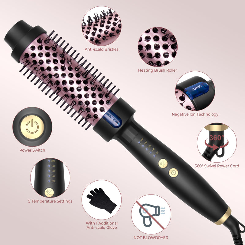 Thermal Brush 38MM, Ionic Hair Heated Curling Brush, 130°C-200°C with Double PTC for Fast-Heating, Rosegold/Black