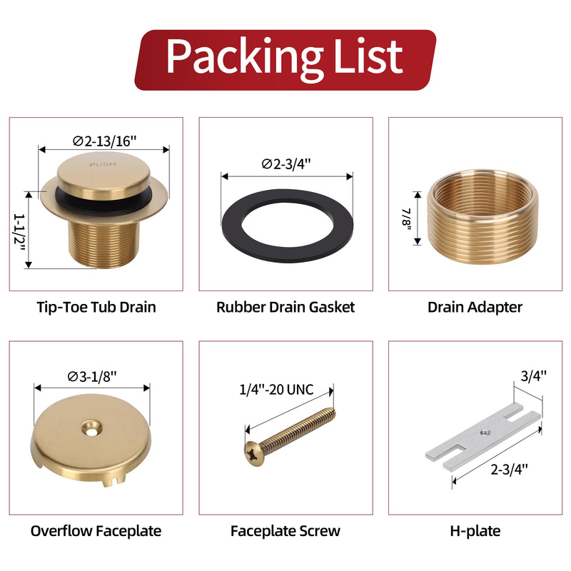 PRIMSOPH Tip-Toe Tub Drain Trim Kit with One Hole Overflow Faceplate Conversion Kit Assembly Universal Fine Coarse Thread Replacement Brushed Gold