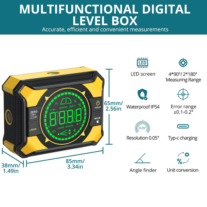 Magnetic Digital Angle Gauge with Dual Laser (Level Class 2, Output<5mW), Type-C Rechargeable 3-in-1 LED Digital Angle Finder ±0.1° High Accuracy for Woodworking, Framing, Tile & Picture Hanging