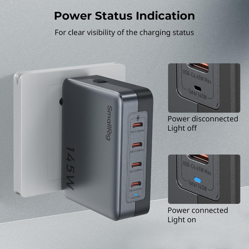 SmallRig 145W USB-C Charger, 4-Port PD3.1 GaN Fast Charger for MacBook Pro/Air PPS Wall Charger for iPhone 15, Galaxy S24/S23, Power Adapter for iPad, V-Mount Battery, Laptop, Camera - 4747