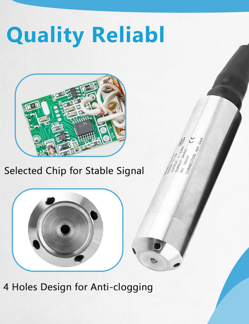 Liquid Level Sensor Cable Submersible Transmitter Water Level Sensor Detector Cable, IP68 Liquid Level Transducer, 4-20mA Water Level Sensor Detector 0-39.37 inch