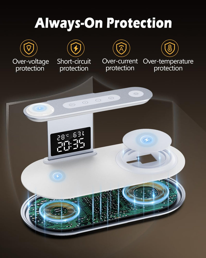 5 in 1 Wireless Charger for iPhone, iWatch, AirPods | 2026 Upgraded Charger Station with Fast Charging Adapter, Bedside Lamp for iPhone 17-12, iWatch 3-11, AirPods, White Silver