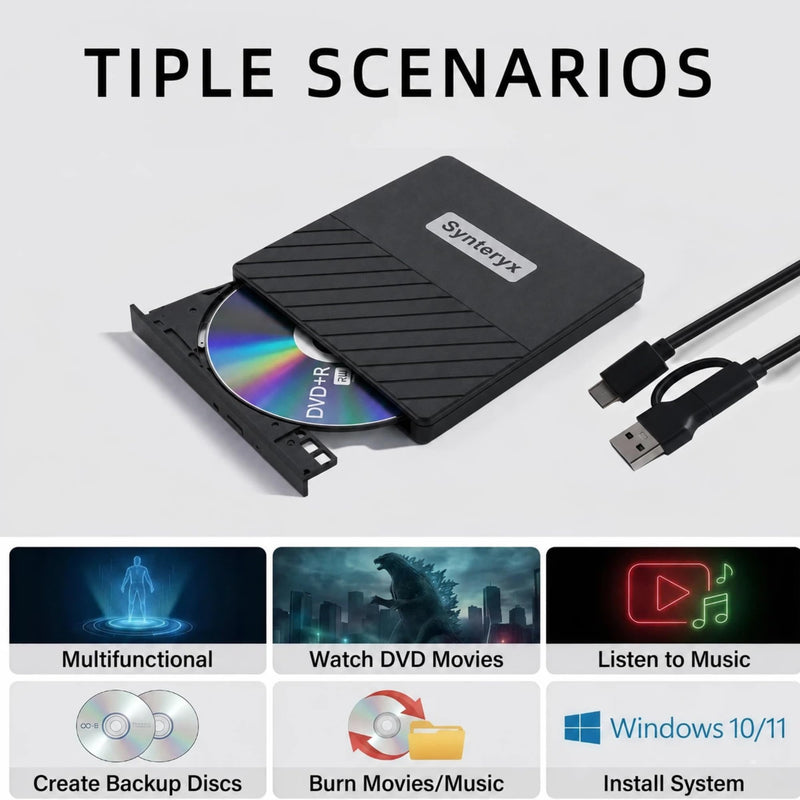 External CD Burner, USB CD/DVD Drive for Laptop, DVD Burner | Portable External CD/DVD Drive with USB-A & USB-C, CD/DVD Player, Reader & Writer, Compatible with Windows, Mac, Linux & PC Twill-CD/DVD