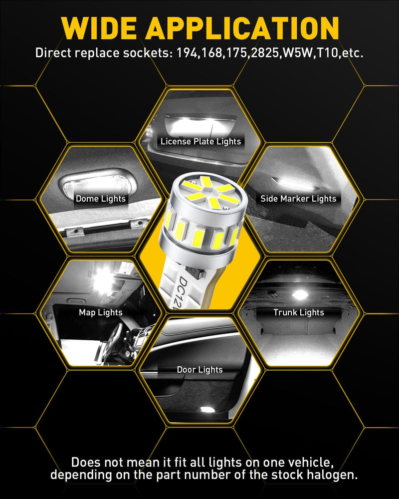 AUXITO Latest 194 LED Bulb 6500K Bright White, Canbus Error Free 168 2825 T10 W5W LED Bulb for Car Dome Door Map Courtesy Trunk Cargo License Plate Lights, Pack of 10