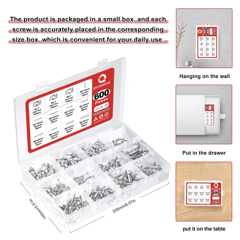 600pcs M3 M4 M5 Thread Sliding T-Nuts Assortment Kit, Hammer Nut with Hex Button Head Screws for Profile Groove