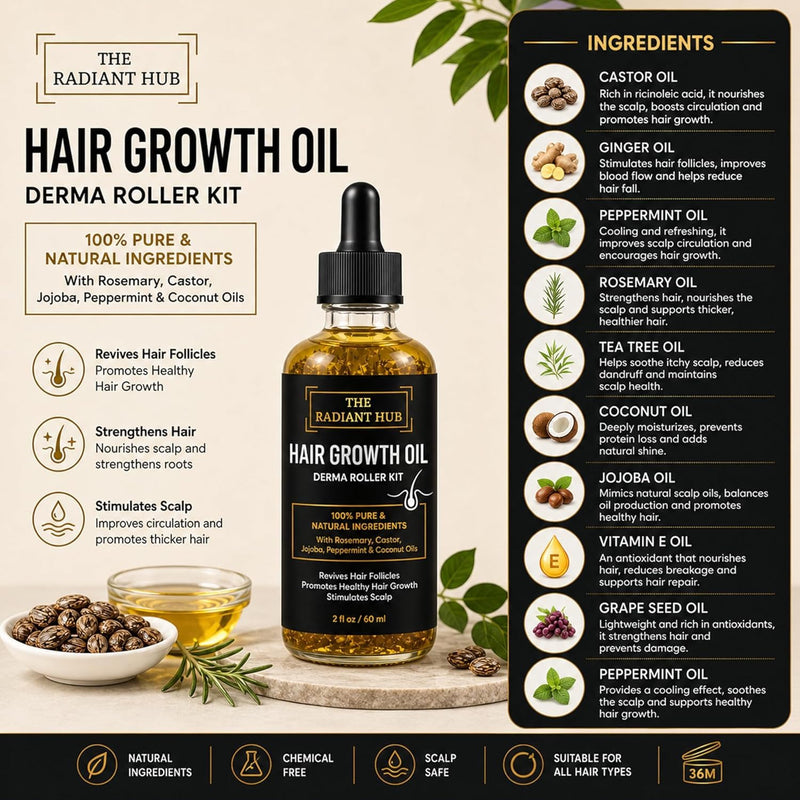 Rosemary Oil for Hair Growth & Derma Roller Kit - Castor, Jojoba, Peppermint & Coconut Oils for Thicker Stronger Hair, Stimulates Scalp & Revives Follicles - For Men & Women - 60 ml