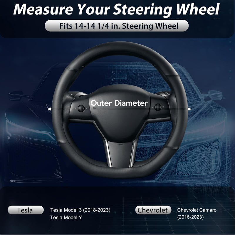SEG Direct Flat Bottom Steering Wheel Cover, D Shaped Car Wheel Cover 14-14 1/4 in. (35.5-36 cm), for Tesla Model 3 / Y, for Camaro, Black Microfiber Leather Small size[14''-14 1/4'']